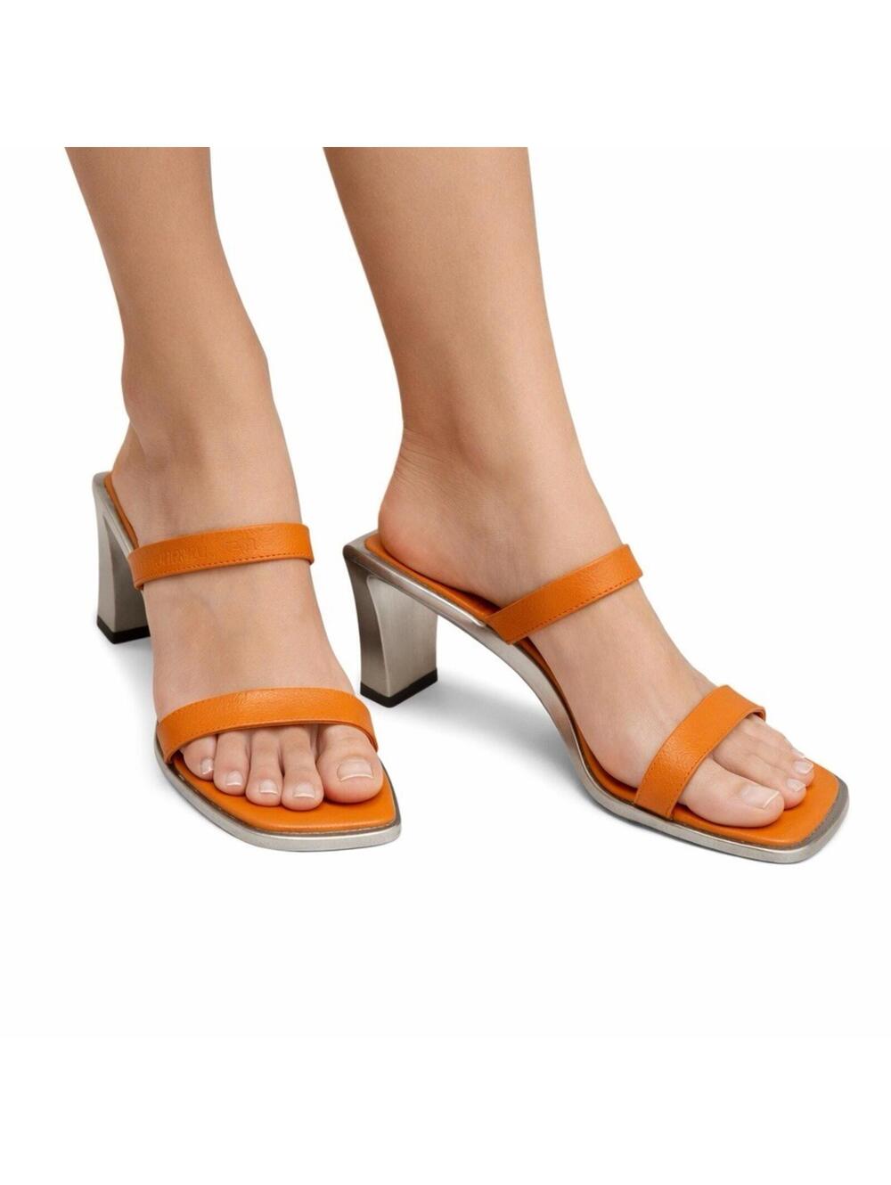Charles Jourdan Paris Y2K Orange Leather Metal Heel Sandals 7.5 Made France